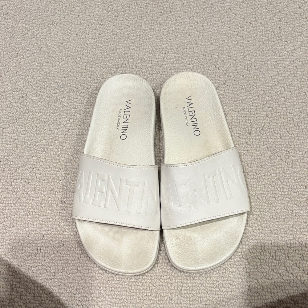 Valentino Cream Embossed Slide Sandals